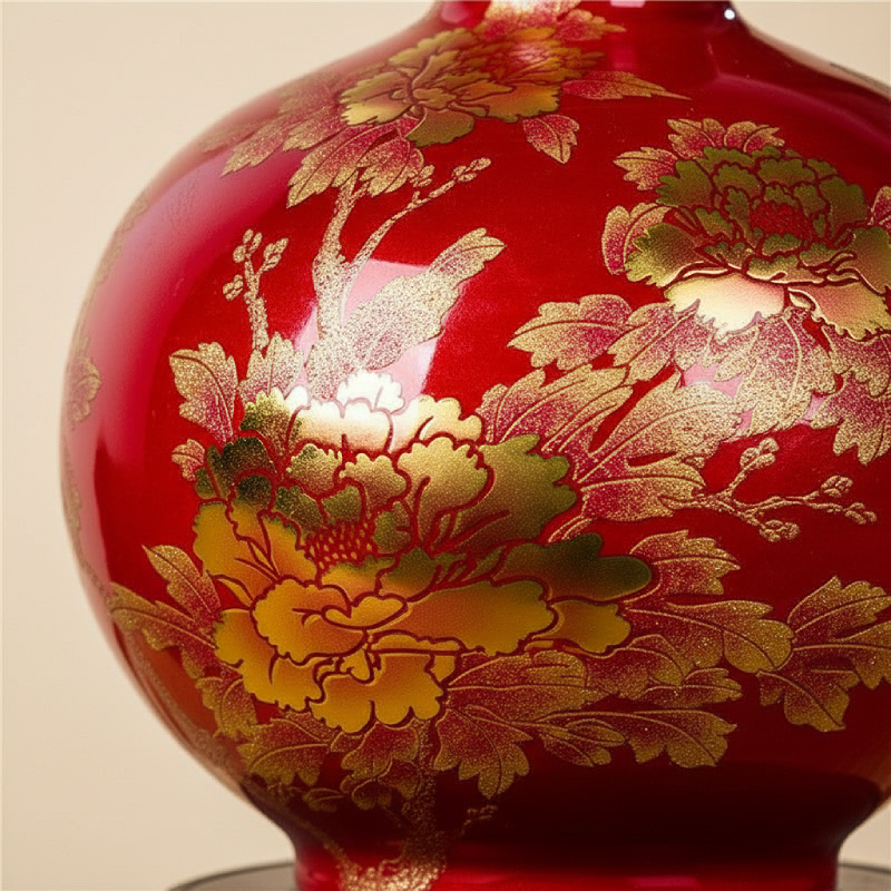 Vase céramique chinois rouge motif fleurs doré détail matière