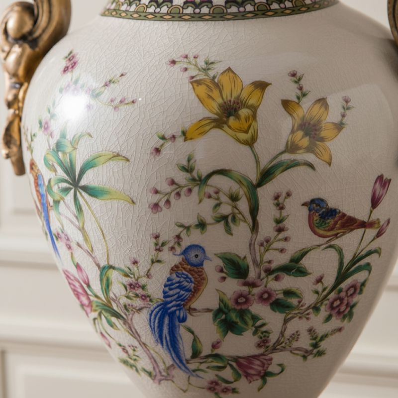 Vase double anses style européen raffiné cent oiseaux chantant à l’unisson détail matière