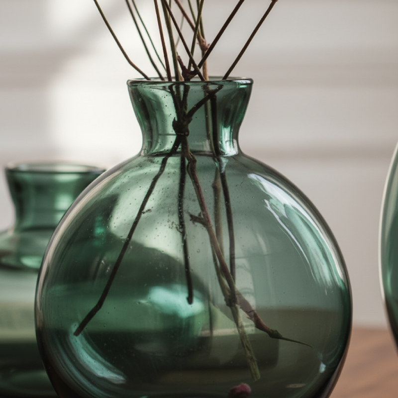 Vase verre design arrondi vert détail matière
