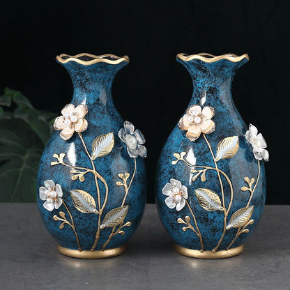 Vases en céramique bleue décor floral relief – Collection élégante