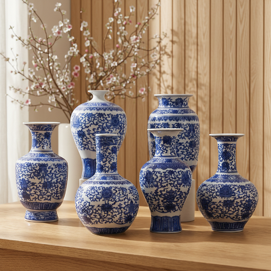 Collection vases céramique bleu et blanc Eight-treasure