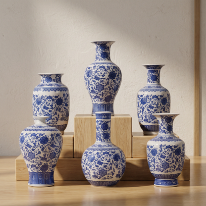 Collection vases céramique chinois bleu et blanc floral