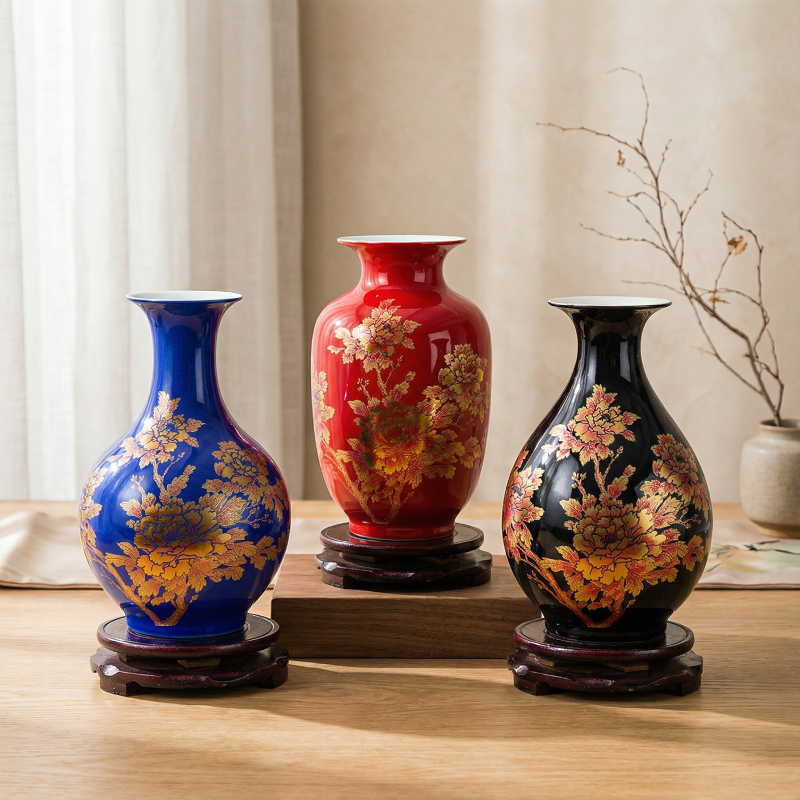 Collection vases céramique chinois motif fleurs doré