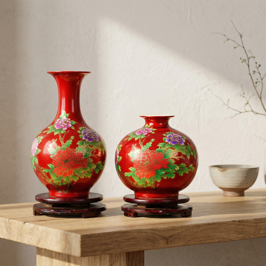 Collection vases céramique chinois rouge motif fleur