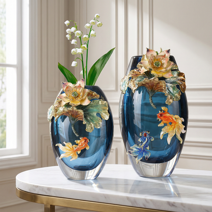 Collection vases verre motif poisson et  lotus