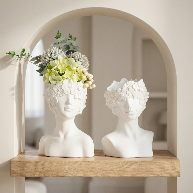 Vases buste en céramique blanche design floral – Sculpture décorative L'UNIVERS DU VASE