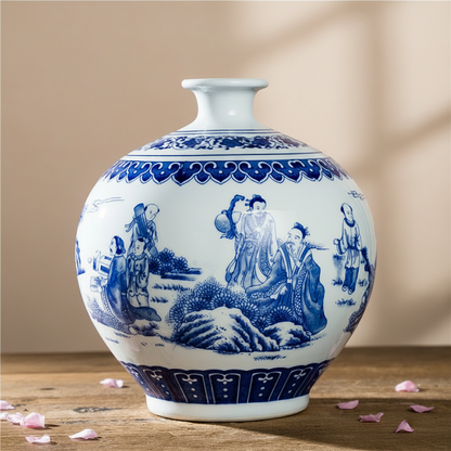 Vases en céramique bleu et blanc – Motifs villageois chinois traditionnels L'UNIVERS DU VASE