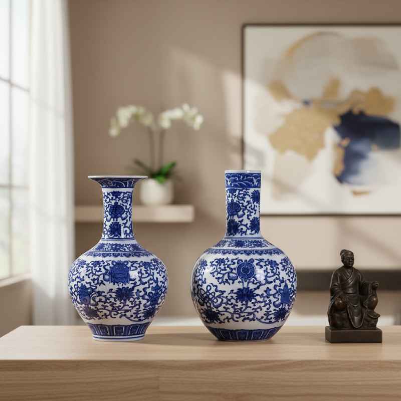 Duo vase céramique bleu et blanc Eight-treasure