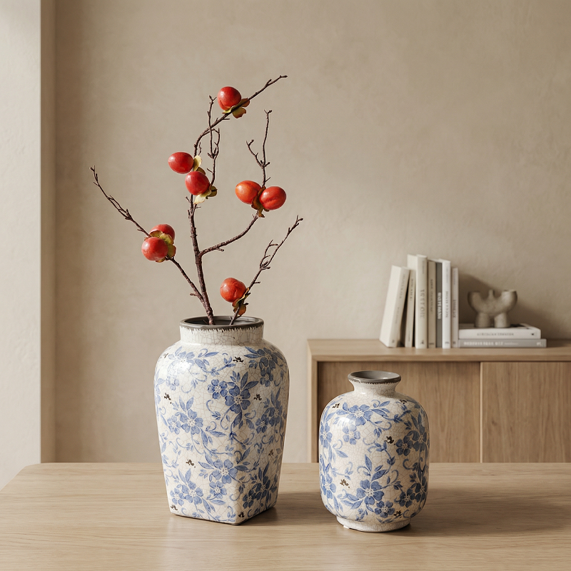 Duo vase porcelaine blanc motif craquelé et fleurs bleues