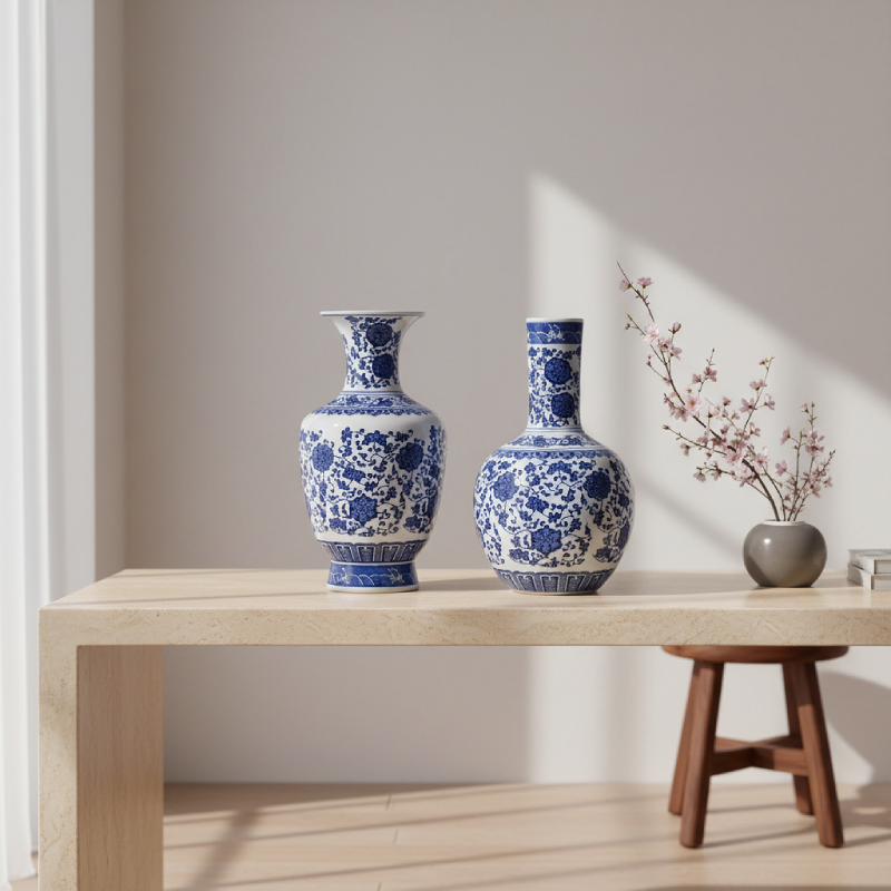 Duo vases céramique chinois bleu et blanc floral