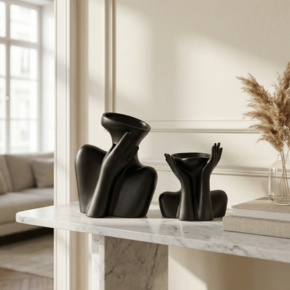 Duo vases céramique noir buste femme