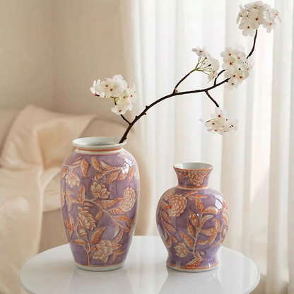 Duo vases céramique violet motif floral intérieur