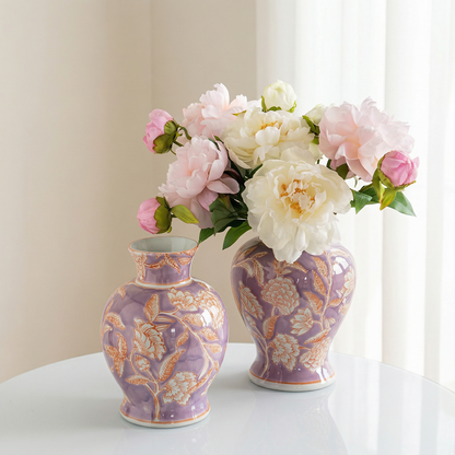 Duo vases céramique violet motif floral lifestyle