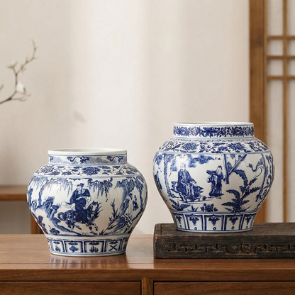 Duo vases porcelaine paysage chinois blanc et bleu lifestyle