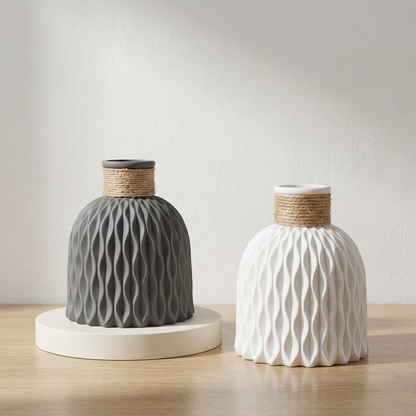 Duo vases texturés plastique design contemporain noir et blanc