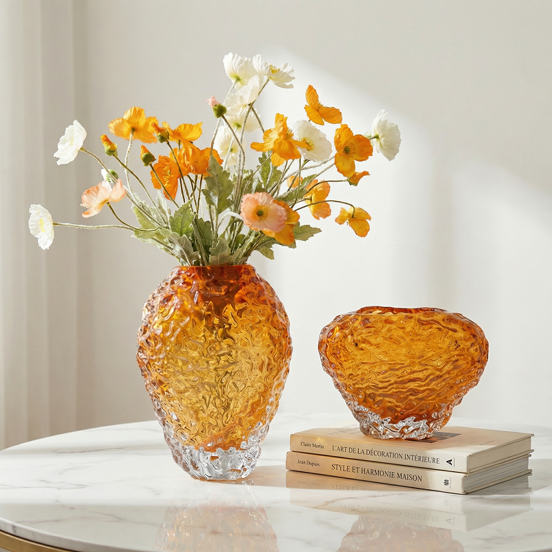 Duo vases verre ambre forme pierre volcanique ensemble