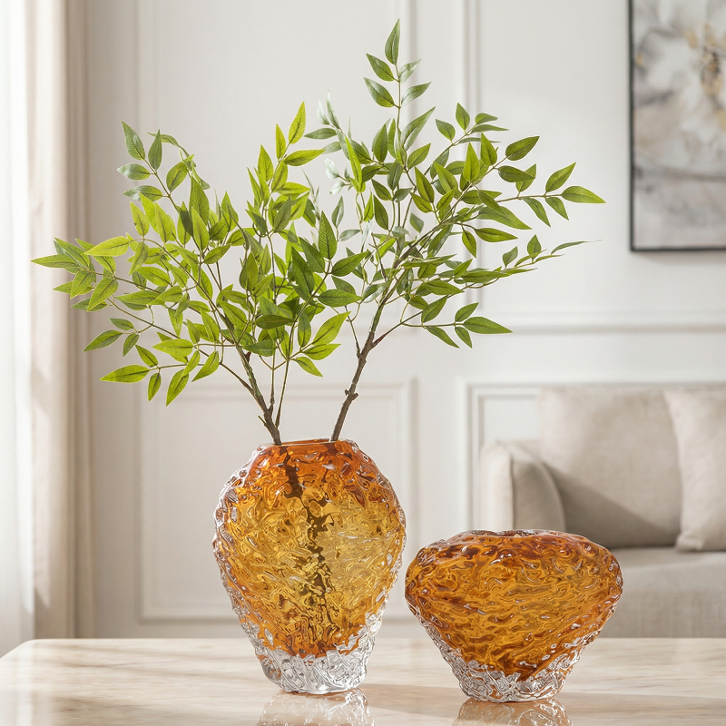 Duo vases verre ambre forme pierre volcanique intérieur
