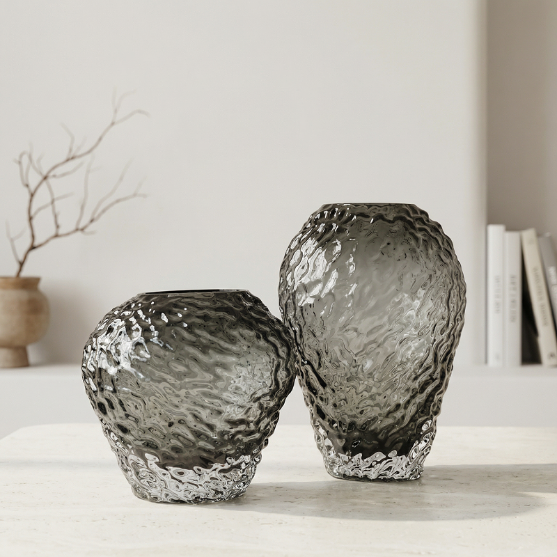 Duo vases verre ambre gris pierre volcanique intérieur