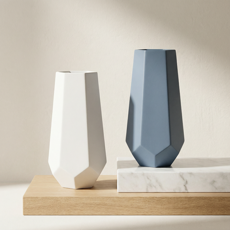 Duo vases verre facetté design minimaliste blanc et bleu
