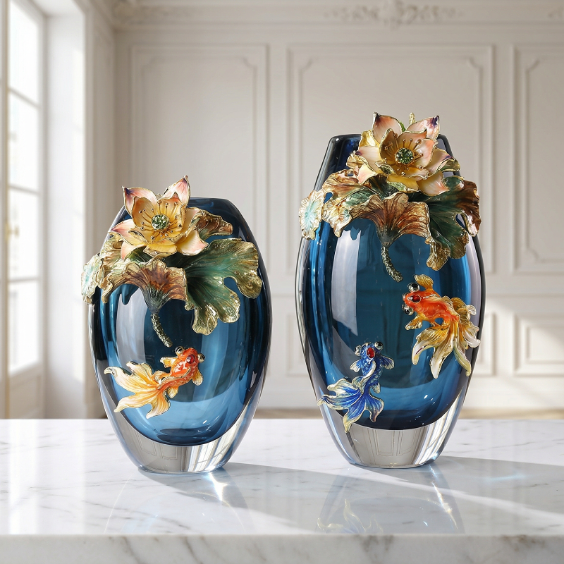 Duo vases verre motif poisson et lotus
