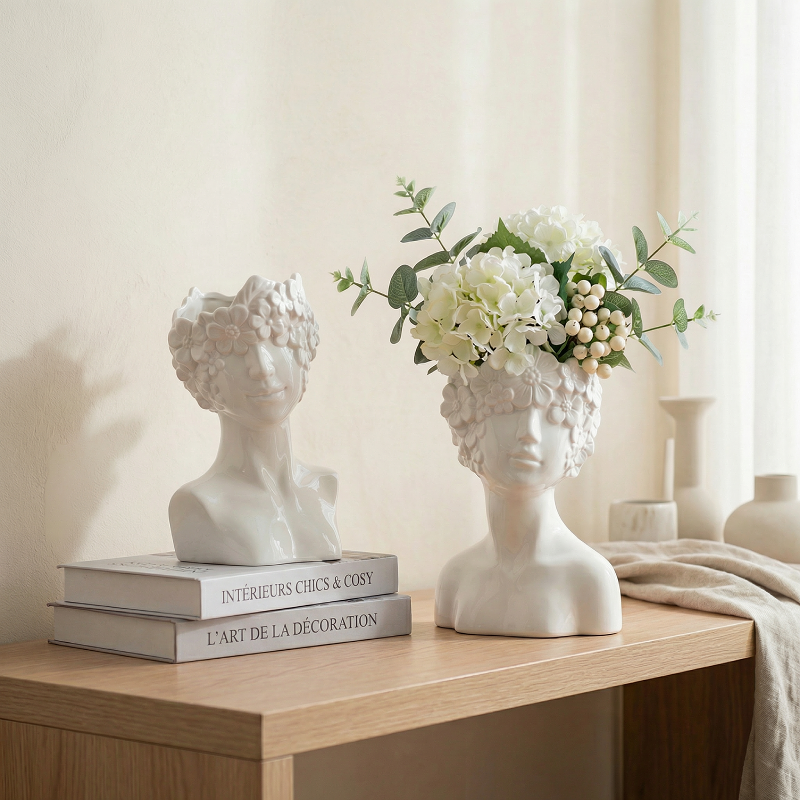 Vases buste en céramique blanche design floral – Sculpture décorative L'UNIVERS DU VASE