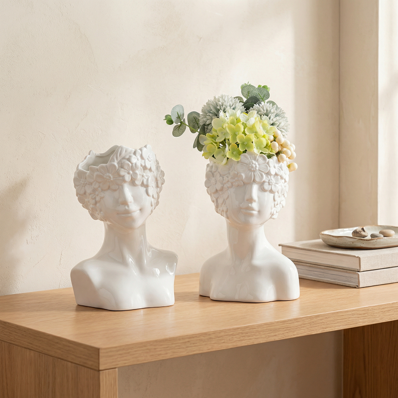 Vases buste en céramique blanche design floral – Sculpture décorative L'UNIVERS DU VASE