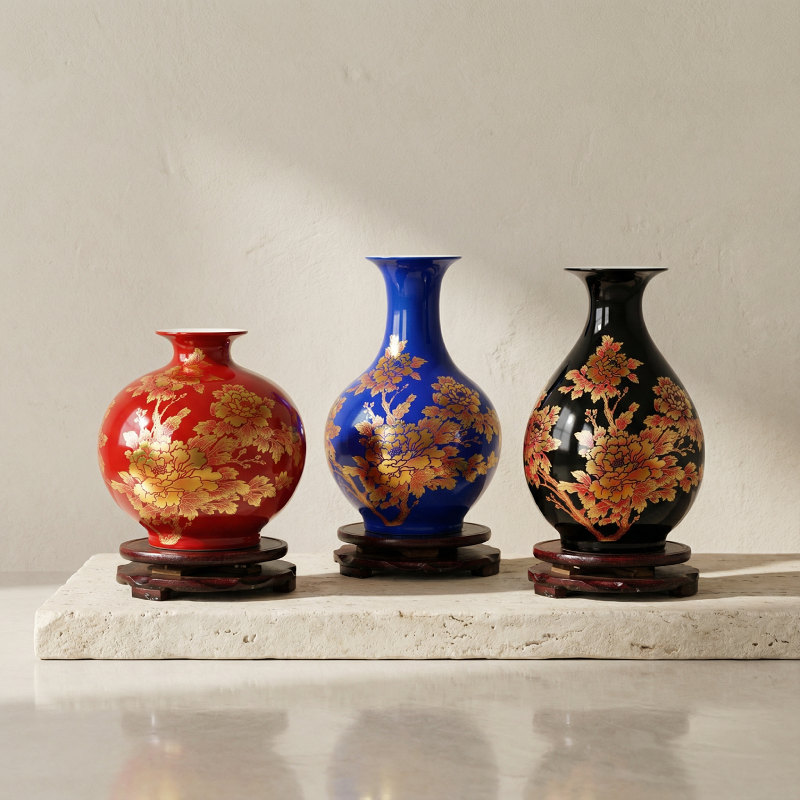 Trio vases céramique chinois motif fleurs doré