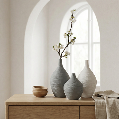 Trio vases céramique texturée design contemporain minimaliste blanc et gris lifestyle