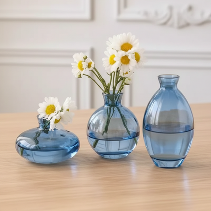 Trio vases verre design arrondi bleu