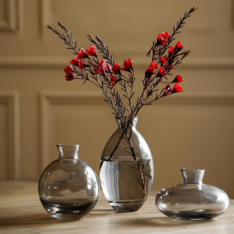Trio vases verre design arrondi gris