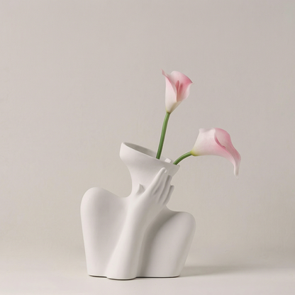 Vase céramique blanc buste femme avec calla rose