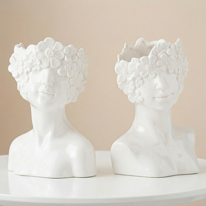 Vases buste en céramique blanche design floral – Sculpture décorative L'UNIVERS DU VASE