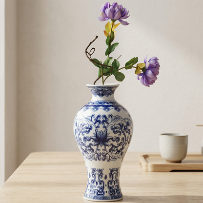 Vase céramique blanc et bleu motifs asiatiques élégants modèle E lifestyle