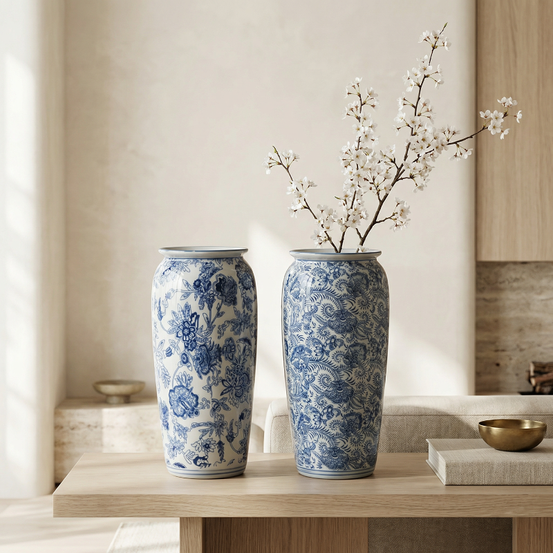 Vase céramique blanc motifs floraux bleus décoration élégante