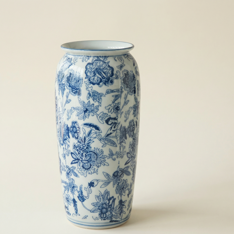 Vase céramique blanc motifs floraux bleus modèle A