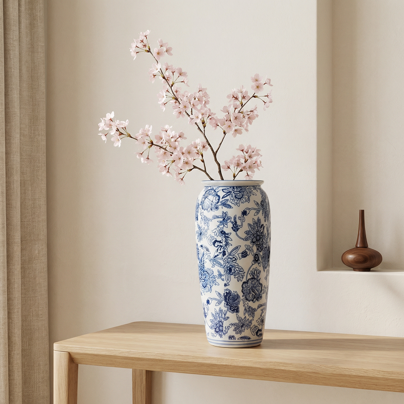 Vase céramique blanc motifs floraux bleus modèle A lifestyle