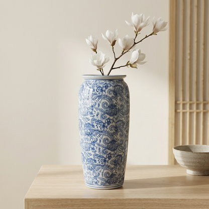 Vase céramique blanc motifs floraux bleus modèle B lifestyle