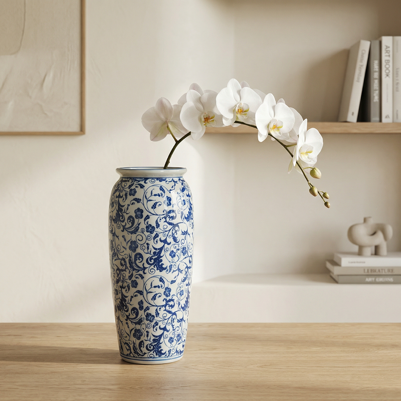 Vase céramique blanc motifs floraux bleus modèle C lifestyle