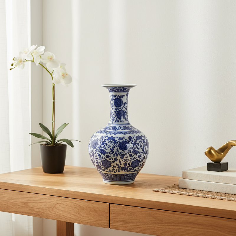 Vase céramique chinois bleu et blanc floral lifestyle