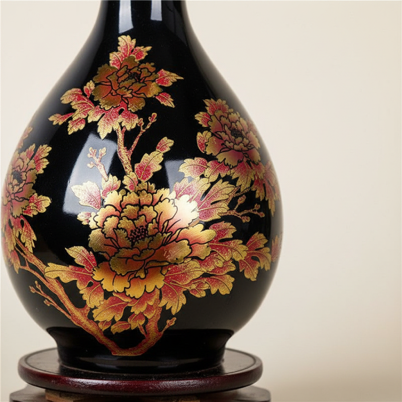 Vase céramique chinois noir motif fleurs doré détail matière