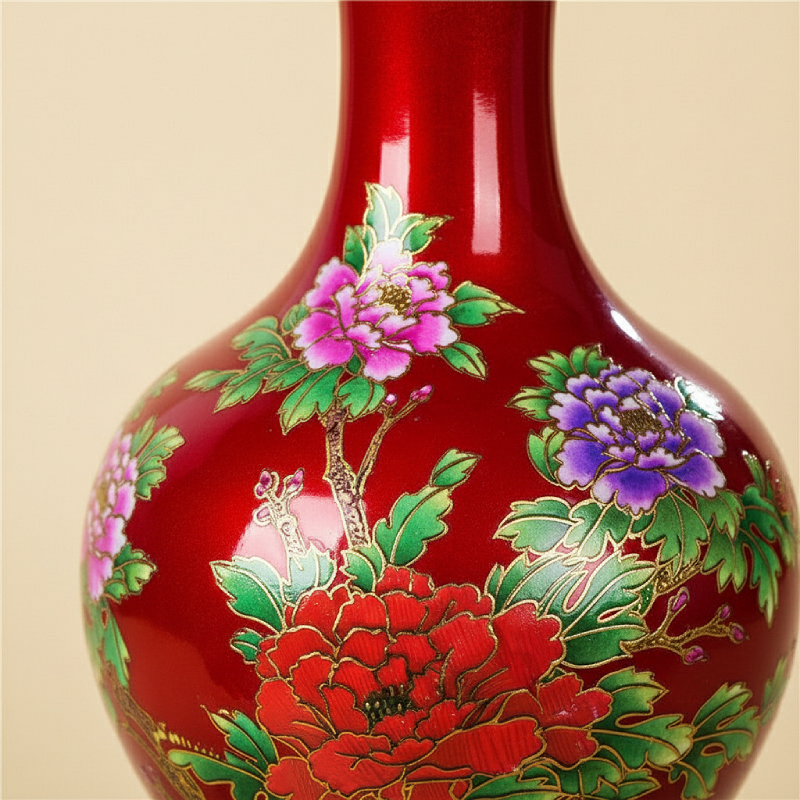 Vase céramique chinois rouge M motif fleur détail matière