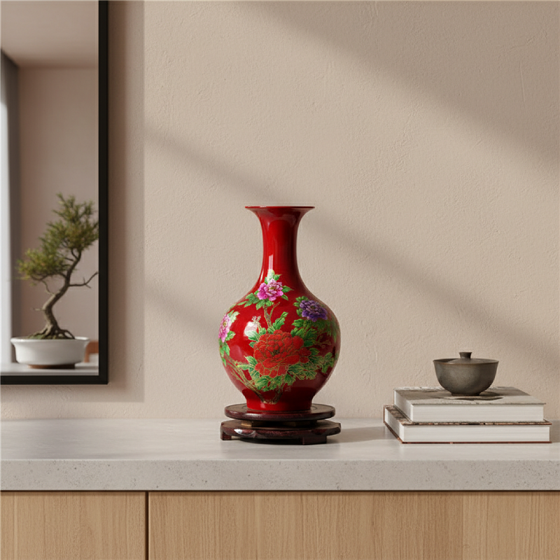 Vase céramique chinois rouge M motif fleur lifestyle