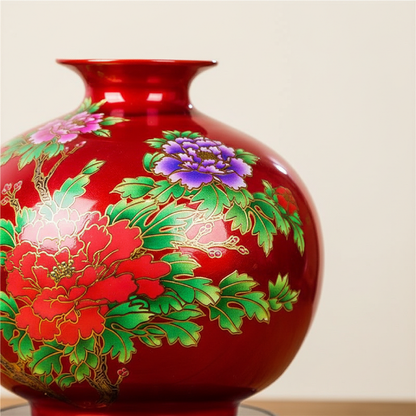 Vase céramique chinois rouge S motif fleur détail matière