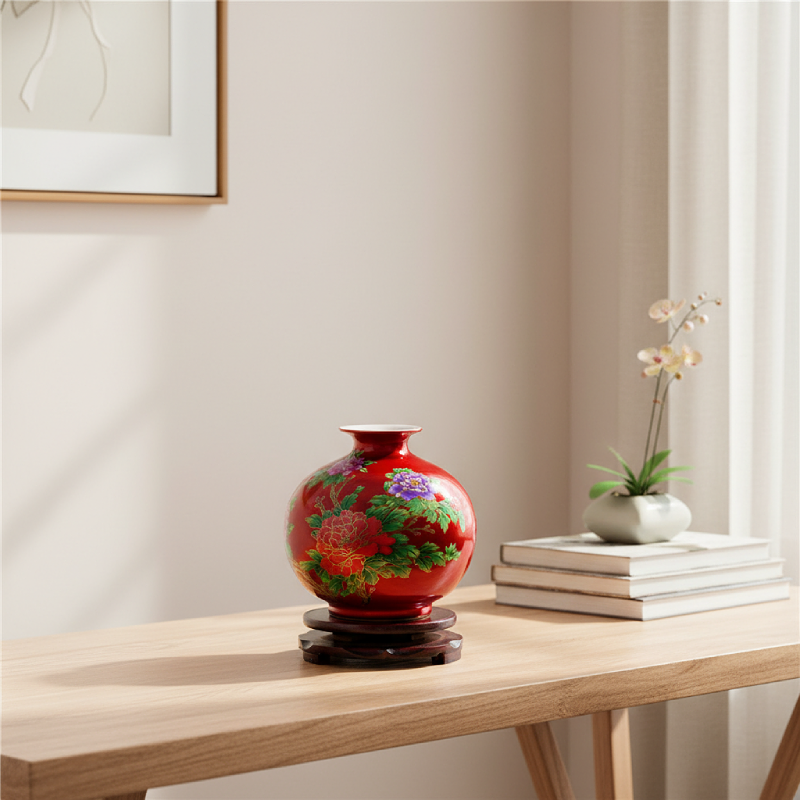 Vase céramique chinois rouge S motif fleur lifestyle