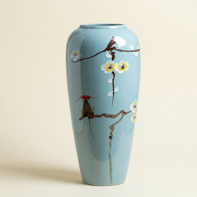 Vase céramique contemporain fleur bleu taille L
