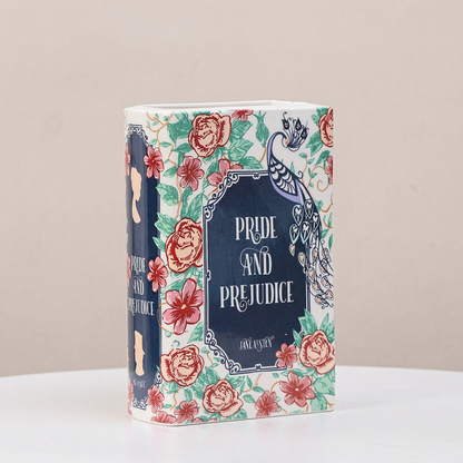 Vase céramique forme livre motif fleurs et paon