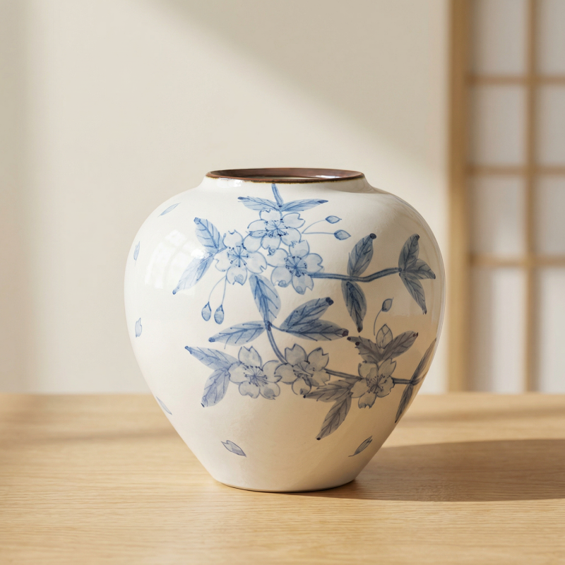 Vase céramique japonais motif fleurs de cerisier bleues