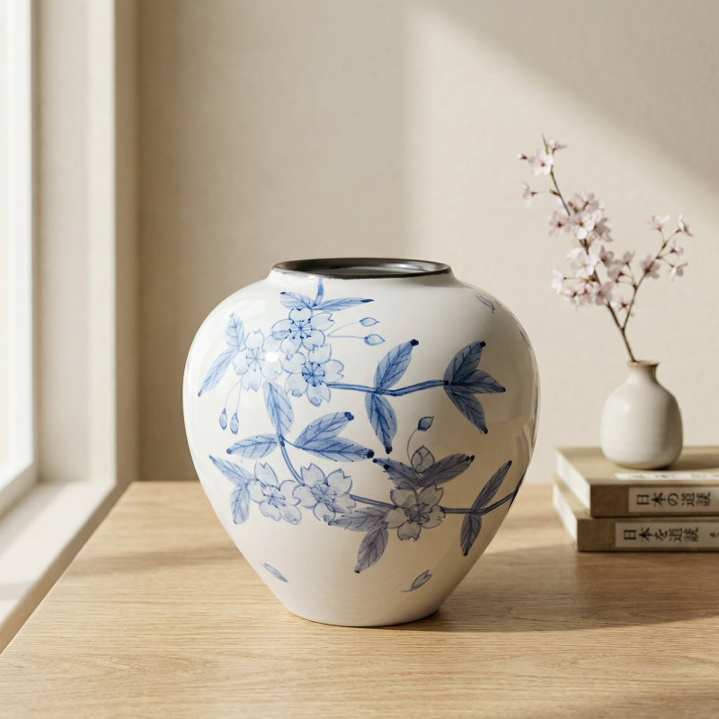 Vase céramique japonais motif fleurs de cerisier bleues collection