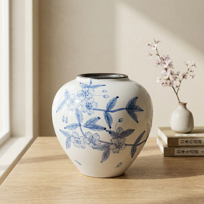 Vase céramique japonais motif fleurs de cerisier bleues collection