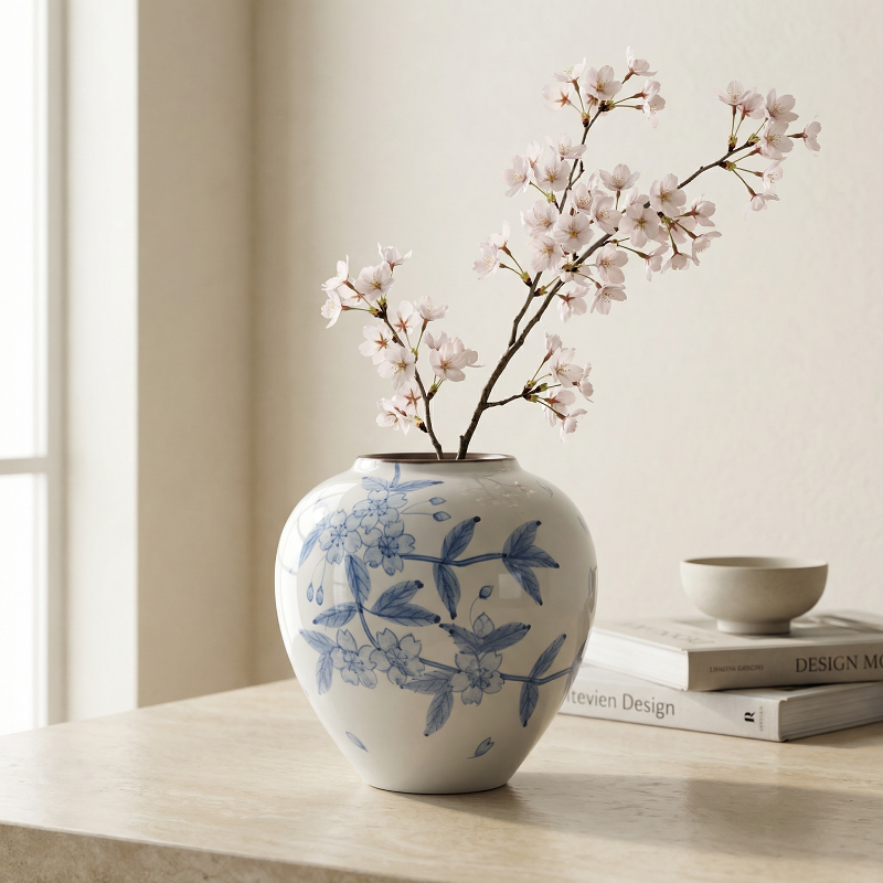 Vase céramique japonais motif fleurs de cerisier bleues décoration